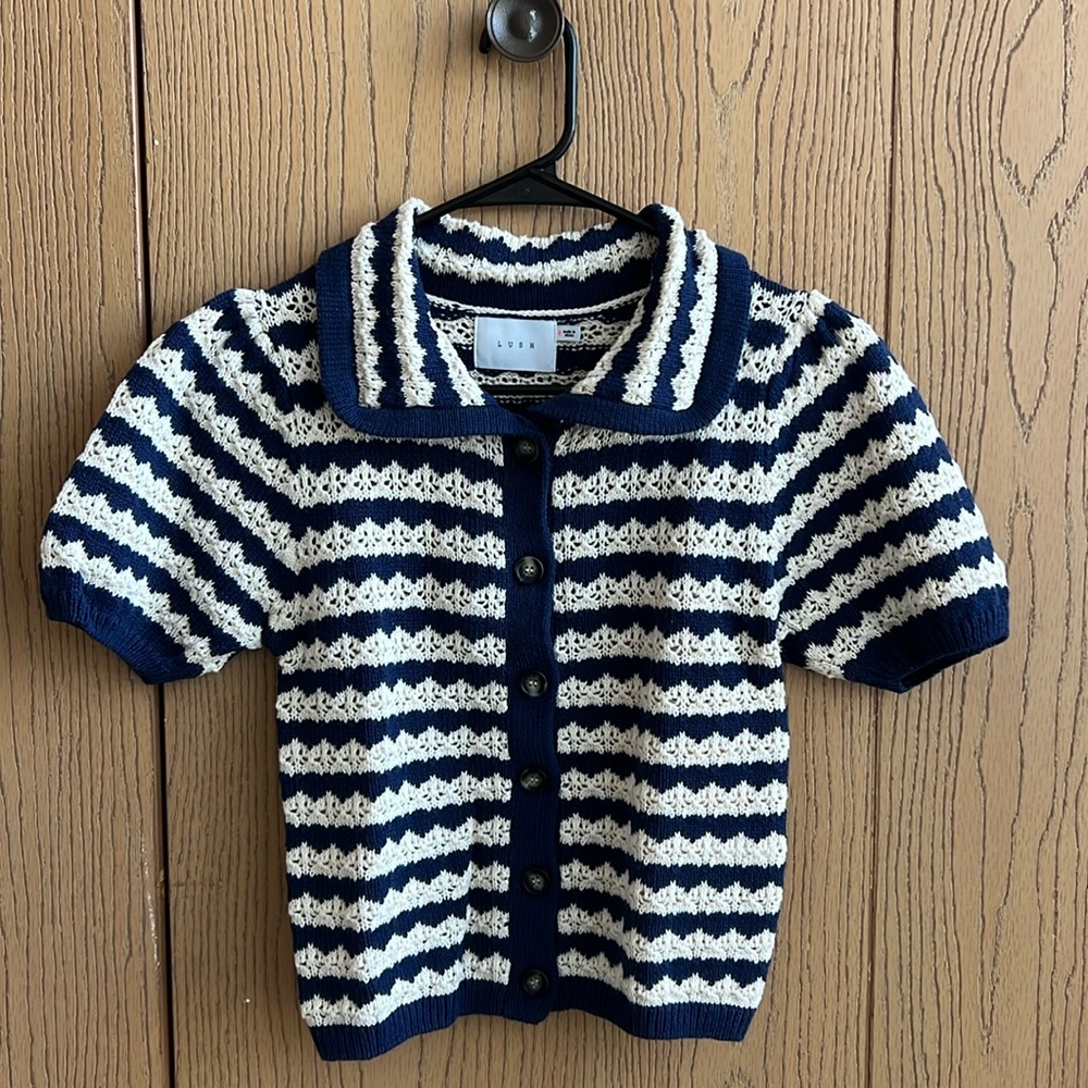 Lush Crochet Short Sleeved Button-Up Top